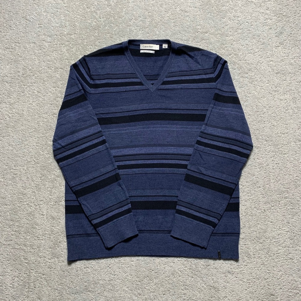 Calvin Klein Merino Wool Sweater Mens Large Blue Extra Fine V Neck Striped